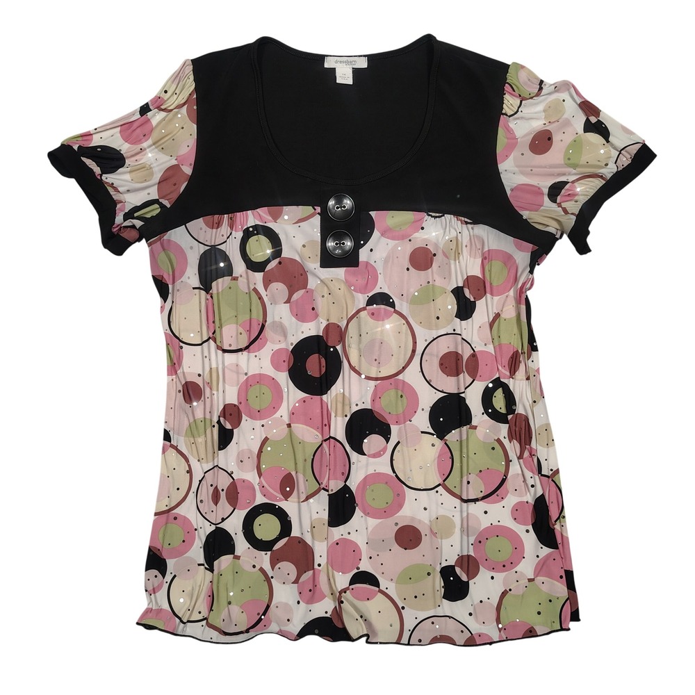 Dressbarn Top Womens 1X Empire Waist Sequin Geometric Circle Pink Black Multi